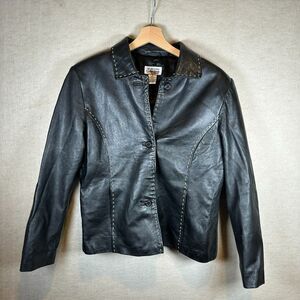 Style & Co Genuine Leather Jacket Women Petite Medium Vintage Y2K Chic Stitched